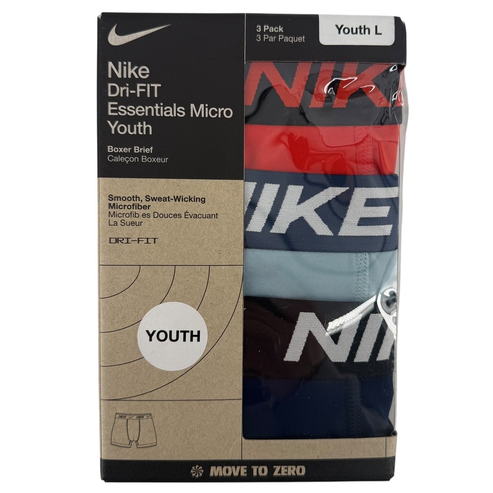 Nike Dri-FIT Essentials Micro Youth L 14-16 Boxer Briefs 3 Pack Blue Black Red